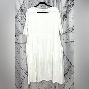 BUYKUD Midi Dress White Linen Cotton Blend Gathered Lagenlook M